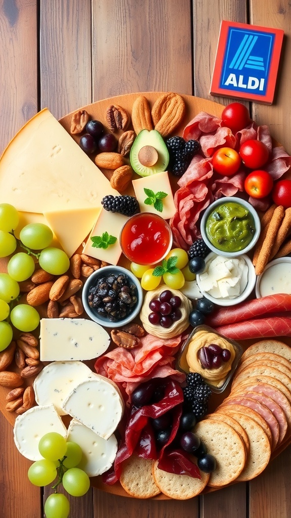 Aldi charcuterie board with assorted meats, cheeses, fruits, and nuts arranged on a wooden board.
